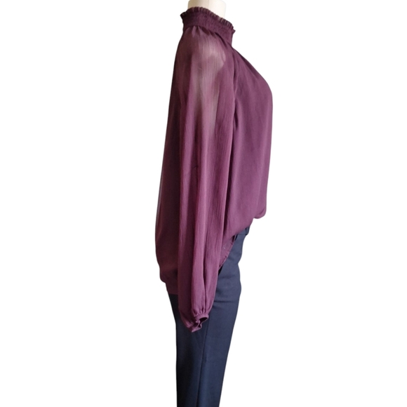 NWT! Joie Sheer Smocked Mock Neck Blouse Burgundy Long Sleeve Boho Top Sz Large - Picture 5 of 9